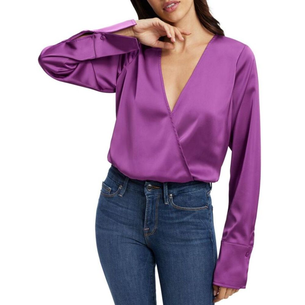 Good American Womens Purple Blouson Cuffed Wrap Blouse NWT